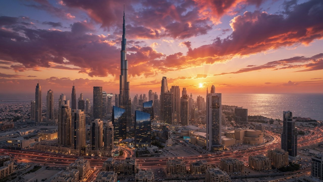 Dubai skyline at sunset
